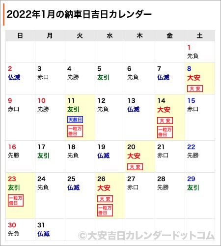 22年1月 車の納車日に縁起のいい吉日 大安カレンダードットコムのブログ